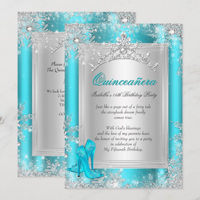 Quinceanera 15th Winter Wonderland Teal Aqua Invitation (Front/Back)