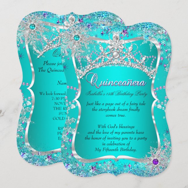 Quinceanera 15th Winter Wonderland Teal Purple Invitation (Front/Back)