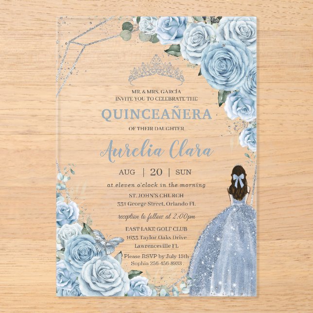Quinceañera 16 Baby Blue Floral Princess Silver Acrylic Invitations (Front)