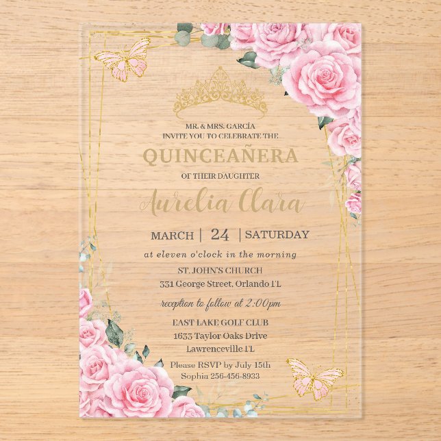 Quinceanera 16 Pink Roses Floral Gold Butterflies Acrylic Invitations (Front)