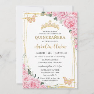 Quinceanera 16 Pink Roses Floral Gold Butterflies Invitation