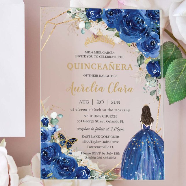 Quinceañera 16 Royal Blue Floral Gold Butterflies Acrylic Invitations (Creator Uploaded)