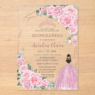 Quinceanera 16th Pink Floral Princess Rose Gold Acrylic Invitations