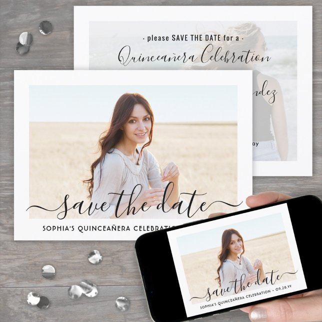 Quinceañera 2 Photo Elegant Script 15th Birthday Save The Date (Creator Uploaded)
