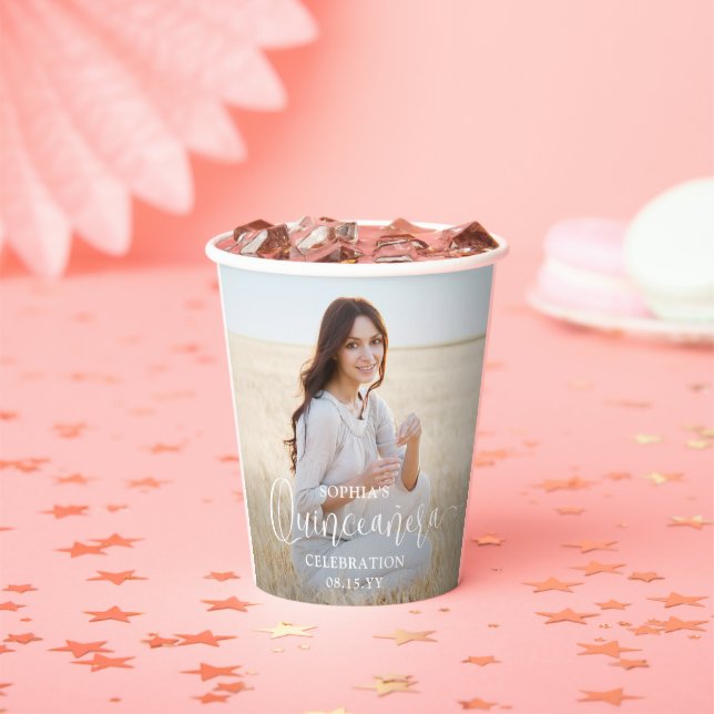 Quinceañera 2 Photos & Modern Trendy White Script Paper Cups (Insitu)