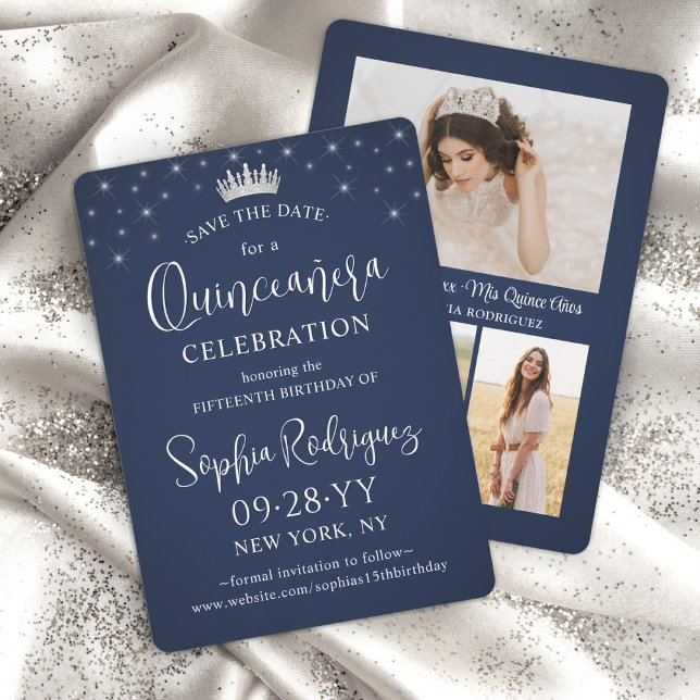 Quinceañera 3 Photo Collage Elegant Navy Blue Save The Date (Creator Uploaded)