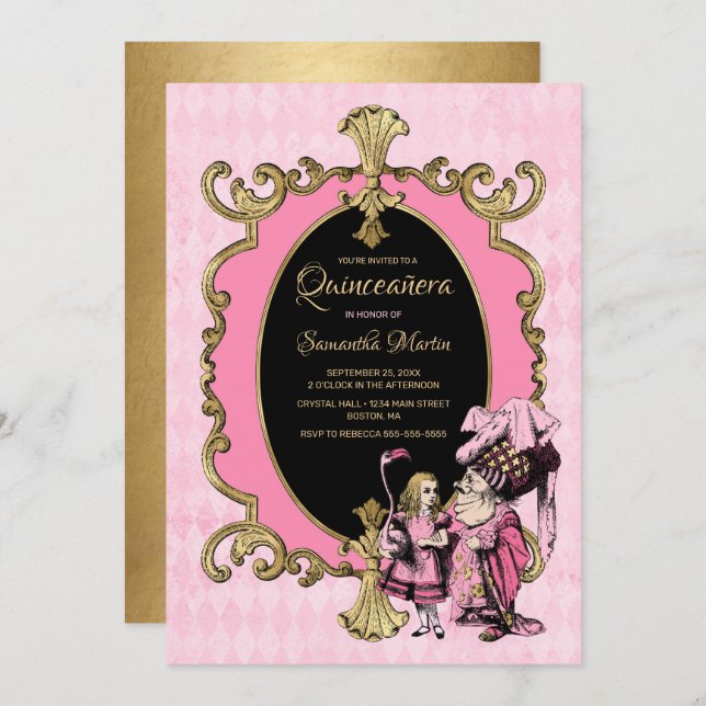 Quinceanera Alice In Wonderland Pink Gold Party In Invitation (Front/Back)