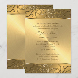 Quinceanera All Gold Filigree Swirl Border Invitation