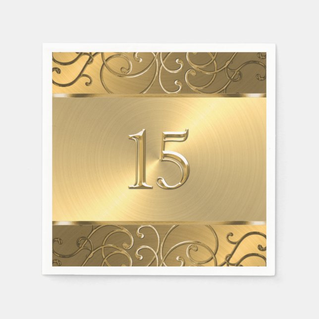 Quinceanera All Gold Filigree Swirl Border Napkin (Front)