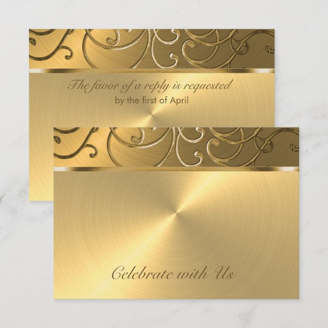 Quinceanera All Gold Filigree Swirl Border RSVP Card (Front/Back)