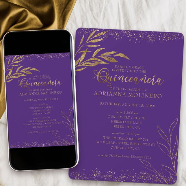 Quinceanera and Mass Elegant Purple and Gold Leaf Invitation (Elegant invitation to Quinceanera and church ceremony in purple from my Gold Leaf Collection)
