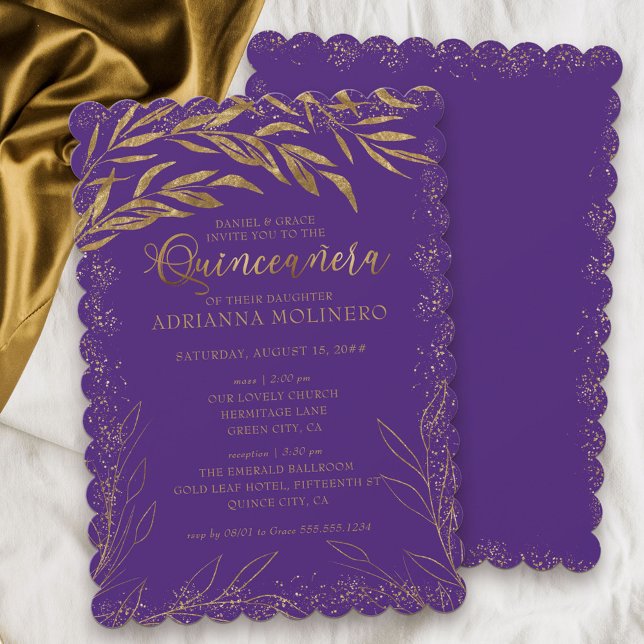 Quinceanera and Mass Luxury Purple and Gold Leaves Invitation (Elegant invitation to Quinceanera and church ceremony in purple from my Gold Leaf Collection
)