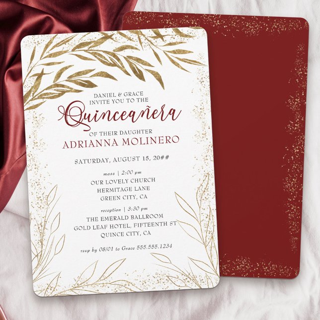Quinceanera and Mass Luxury Red and Gold Leaves Invitation (Elegant invitation to Quinceanera & church blessing white, red and gold from my Gold Leaf Collection)
