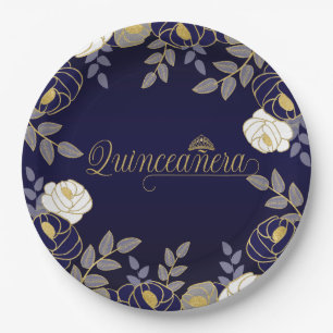 Quinceanera and Tiara Botanical in Blue and Gold Paper Plate