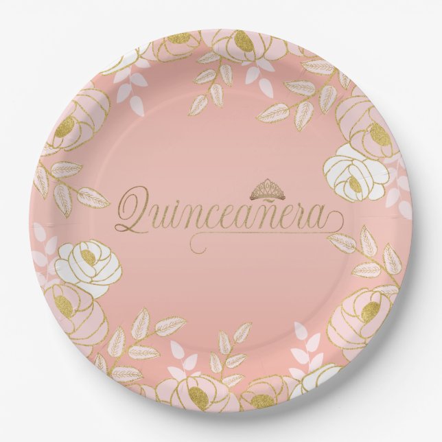 Quinceanera and Tiara Botanical in Pink and Gold Paper Plate (Front)