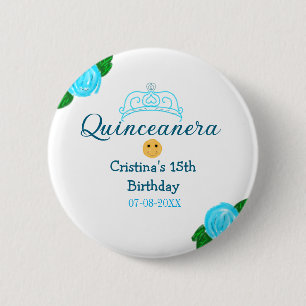 Quinceanera anos 15th birthday blue rose crown art 6 cm round badge