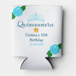 Quinceanera anos 15th birthday blue rose crown art can cooler