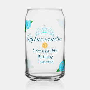 Quinceanera anos 15th birthday blue rose crown art can glass