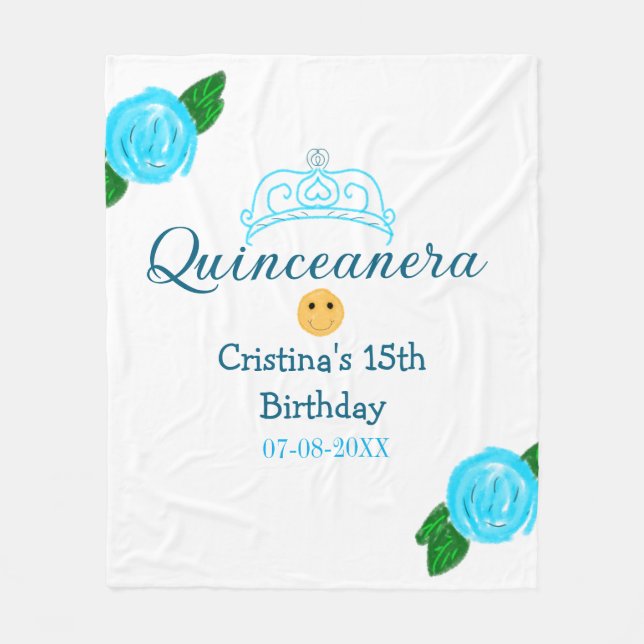 Quinceanera anos 15th birthday blue rose crown art fleece blanket (Front)