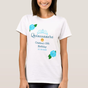 Quinceanera anos 15th birthday blue rose crown art T-Shirt