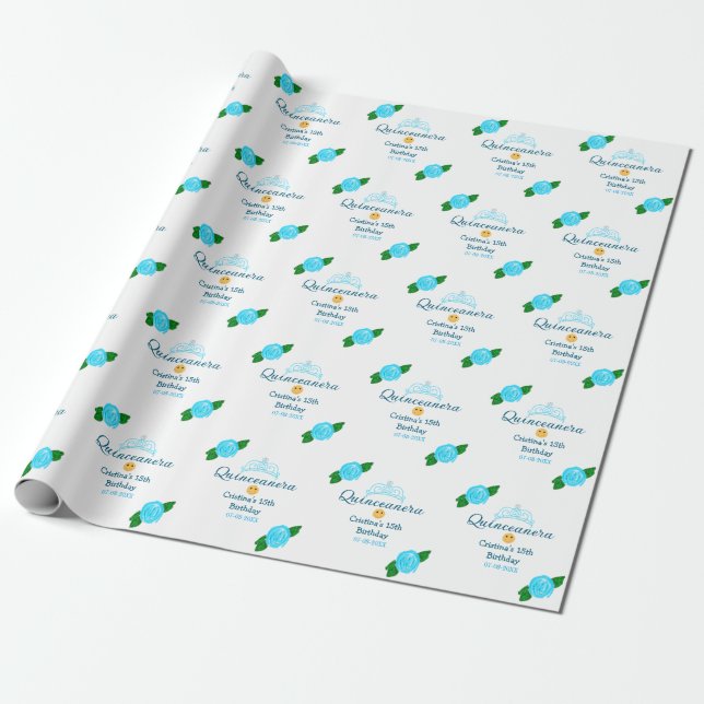 Quinceanera anos 15th birthday blue rose crown art wrapping paper (Unrolled)