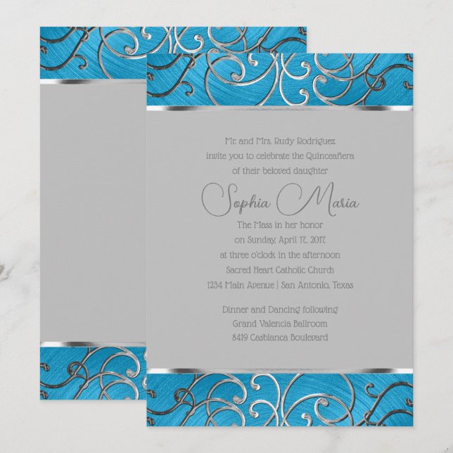 Quinceañera Any Colour Border Silver Filigree Swir Invitation (Front/Back)
