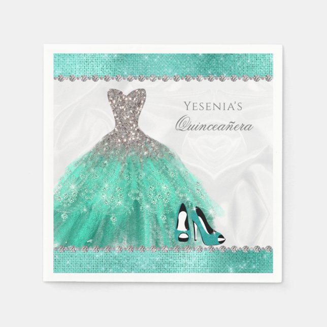 Quinceañera Aqua Diamond Sparkle Glitter Napkin (Front)