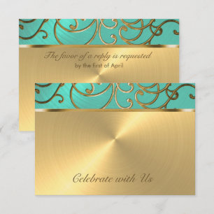 Quinceanera Aqua Green and Gold Filigree Swirls Invitation