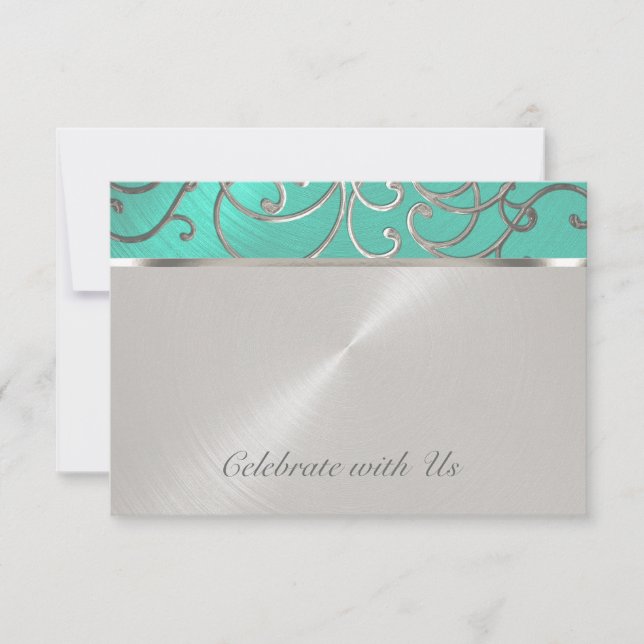 Quinceanera Aqua Green and Silver Filigree Swirls Invitation (Front)