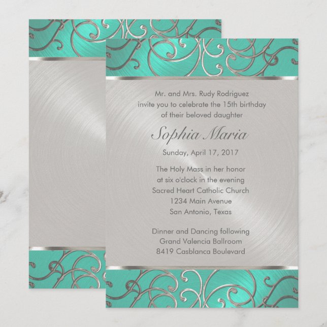 Quinceanera Aqua Green and Silver Filigree Swirls Invitation (Front/Back)