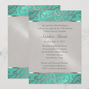 Quinceanera Aqua Green and Silver Filigree Swirls Invitation