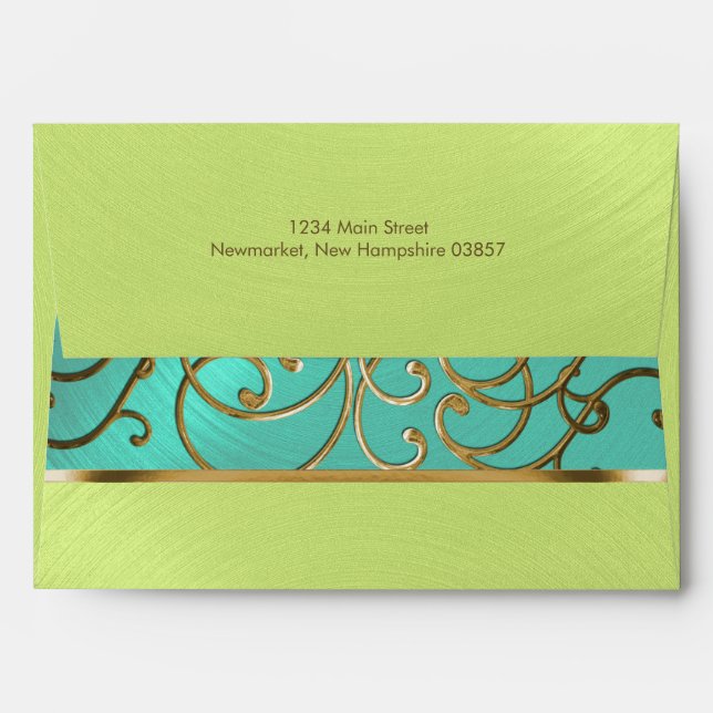 Quinceanera Aqua Lime Green Gold Filigree Swirls Envelope (Back (Top Flap))