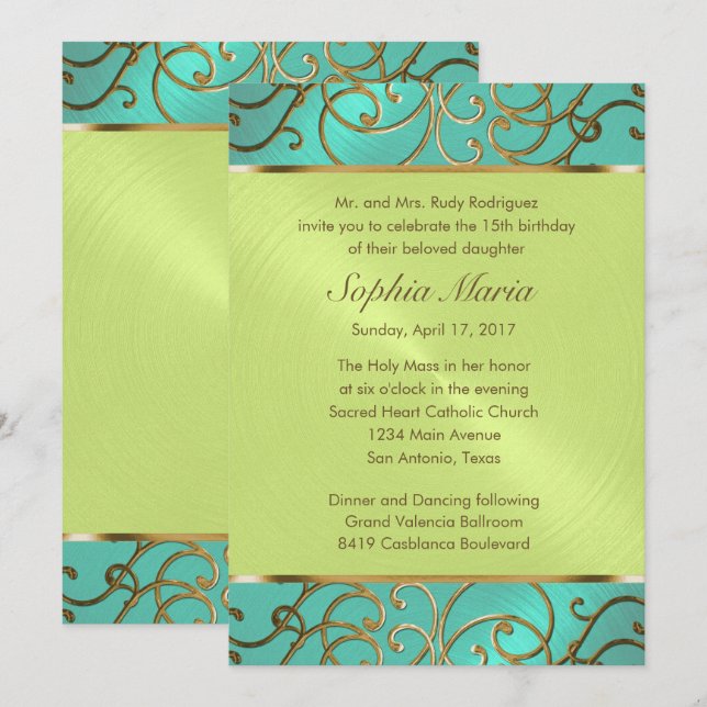 Quinceanera Aqua Lime Green Gold Filigree Swirls Invitation (Front/Back)