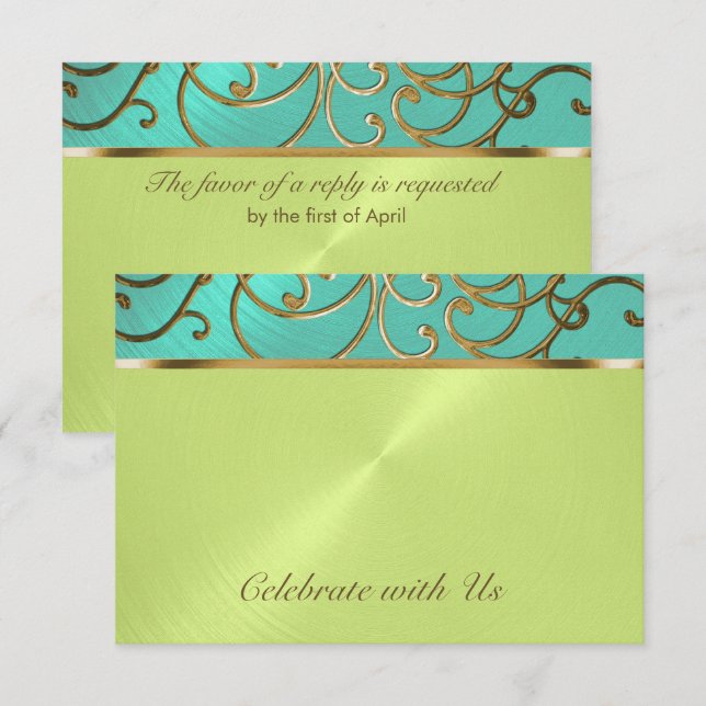 Quinceanera Aqua Lime Green Gold Filigree Swirls Invitation (Front/Back)