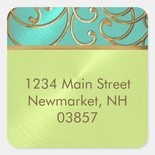 Quinceanera Aqua Lime Green Gold Filigree Swirls Square Sticker (Front)