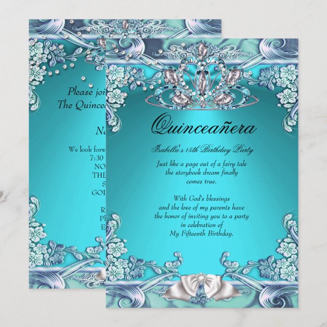 Quinceanera Aqua Teal 15th Birthday Party Invitation (Front/Back)
