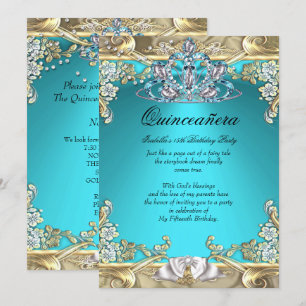 Quinceanera Aqua Teal Gold 15th Birthday Party Invitation