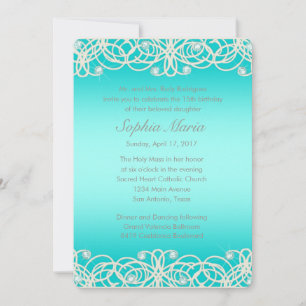 Quinceanera Aqua Turquoise Sparkle and Lace Invitation