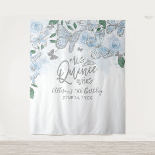 Quinceanera Baby Blue Butterflies Floral Backdrop Tapestry