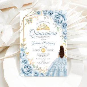 Quinceanera Baby Blue Dress Floral Gold Invitation