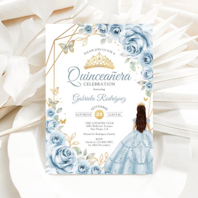 Quinceanera Baby Blue Dress Floral Gold Invitation (Creator Uploaded)
