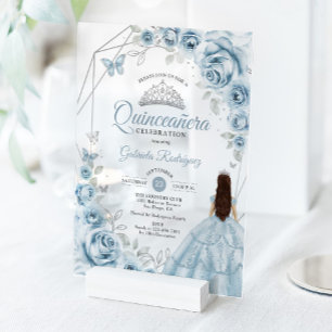Quinceanera Baby Blue Dress Floral Silver Acrylic Invitations