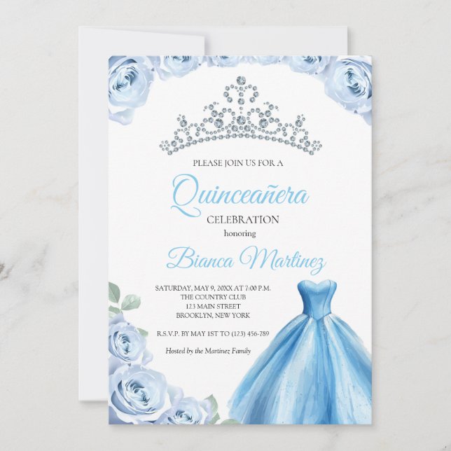 Quinceanera Baby Blue Dress Mis Quince Invitation (Front)