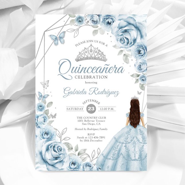 Quinceanera Baby Blue Dress Silver Floral Invitation (Creator Uploaded)