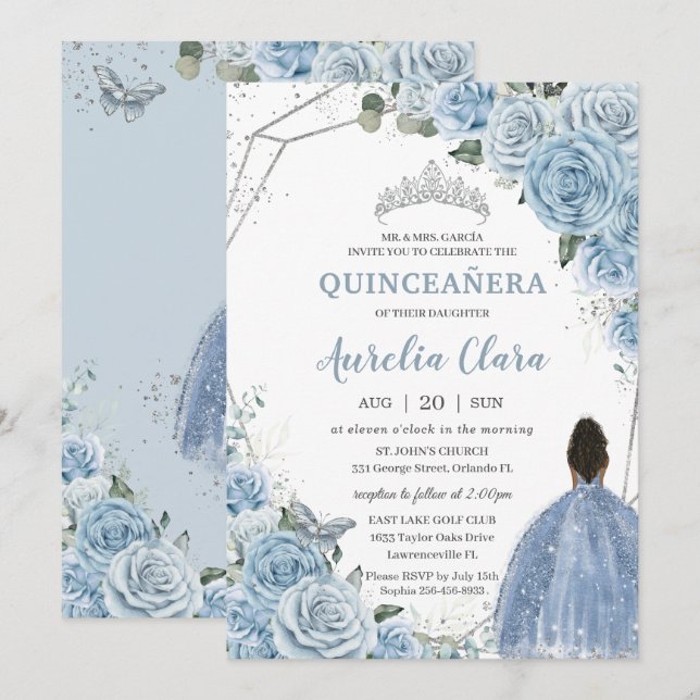Quinceañera Baby Blue Floral Brown Princess 15th Invitation (Front/Back)