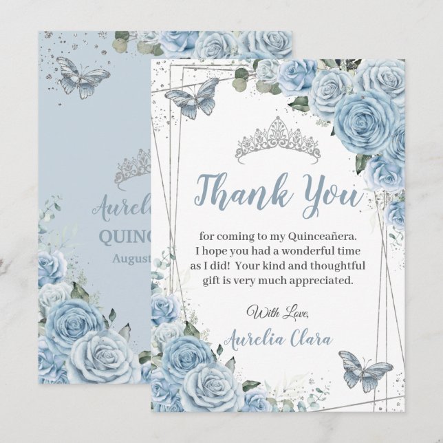 Quinceañera Baby Blue Floral Butterflies Sweet 16 Thank You Card (Front/Back)