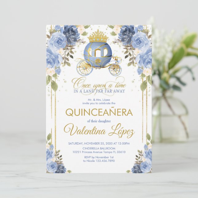 Quinceañera Baby Blue Floral Cinderella Coach Invitation (Standing Front)