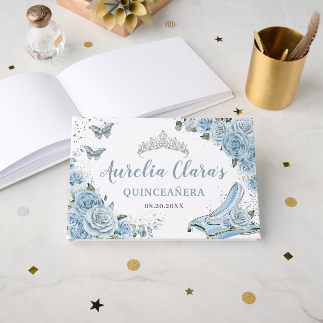 Quinceanera Baby Blue Floral Cinderella Sweet 16 Guest Book (Front Open)