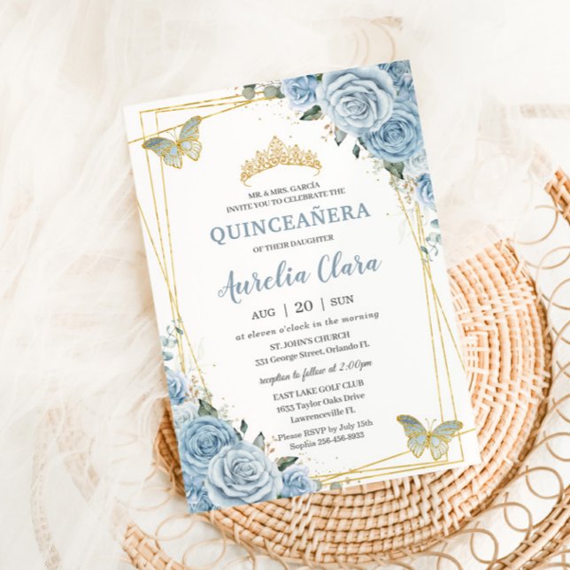 Quinceañera Baby Blue Floral Gold Butterflies 16th Invitation (Creator Uploaded)