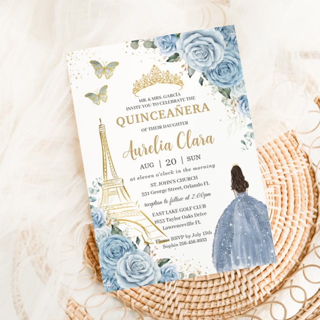 Quinceañera Baby Blue Floral Paris Eiffel France Invitation (Creator Uploaded)
